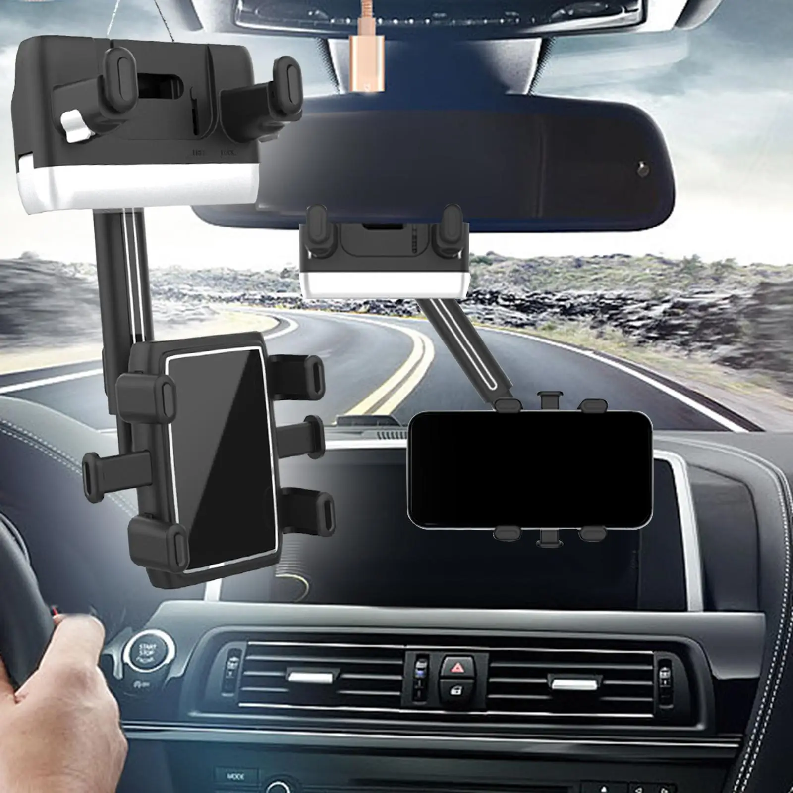 Rear View Mirror Phone Holder Compact Universal Auto Retractable Rearview Mirror