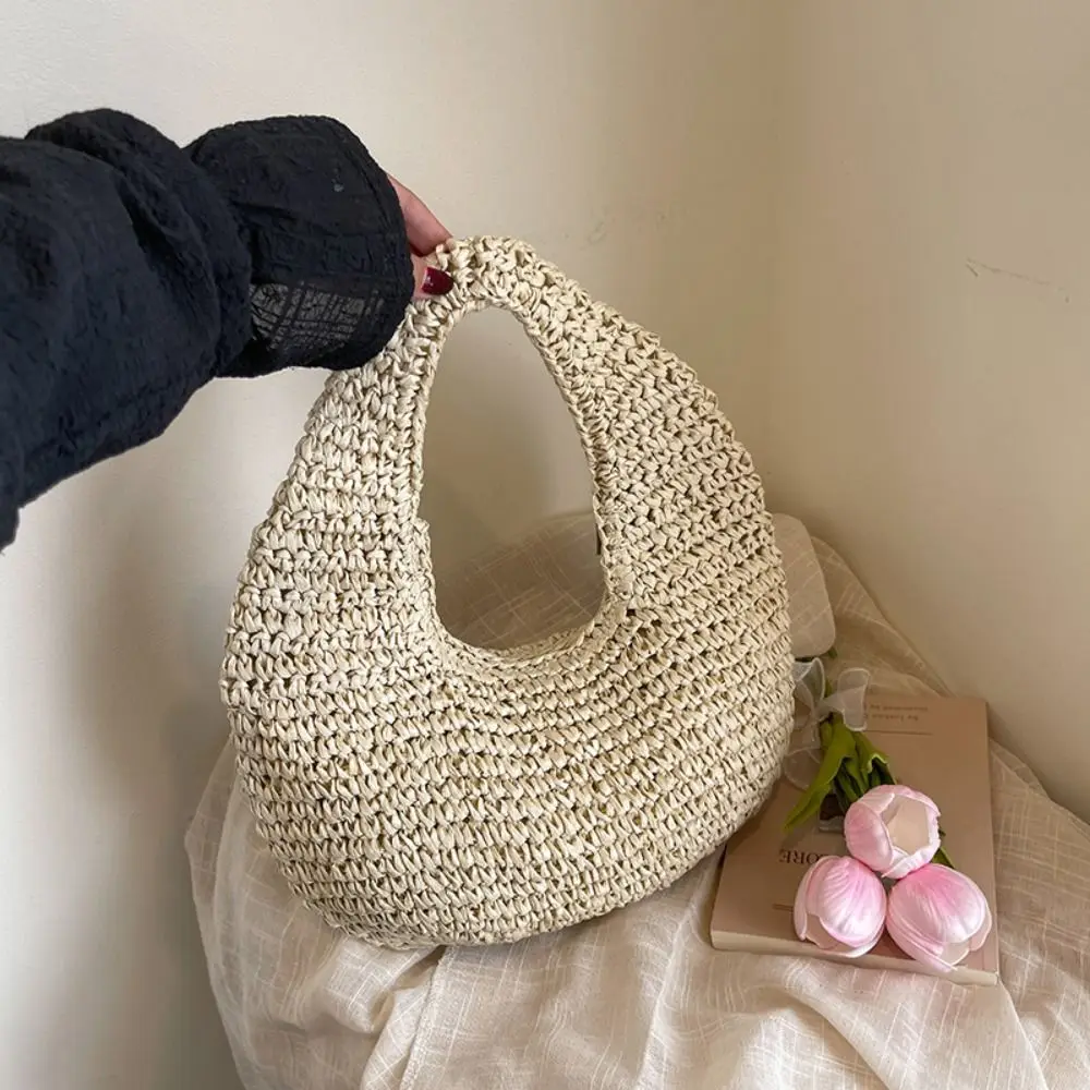 

Модная соломенная сумка большой вместимости, клатч ручной работы, тканая сумка в форме травы, простая летняя пляжная сумка в форме полумесяца, женская сумка