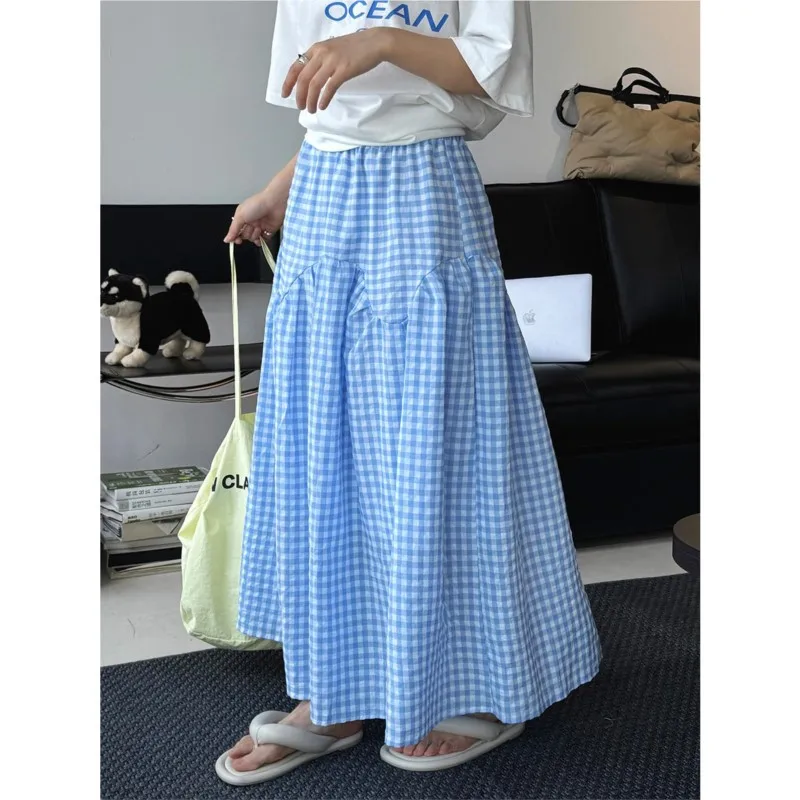 

Johnature New Korean Retro Stitched Plaid Cotton Skirt 2025 Casual Simple Versatile Summer New Draped A-line Long Skirt Women