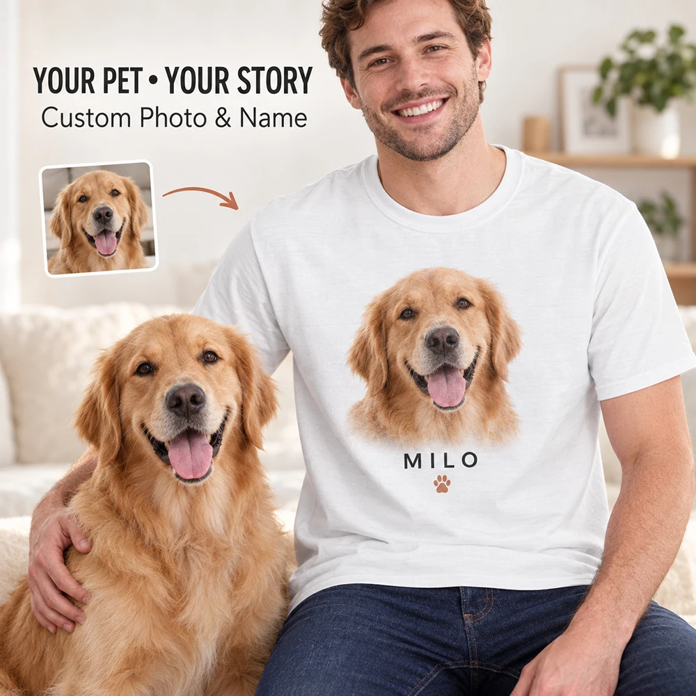 Personalized Custom Pet T Shirt Photo Name Text Short Sleeve Crew Neck Unisex Tee for Dog Cat Owner Birthday Holiday Gift