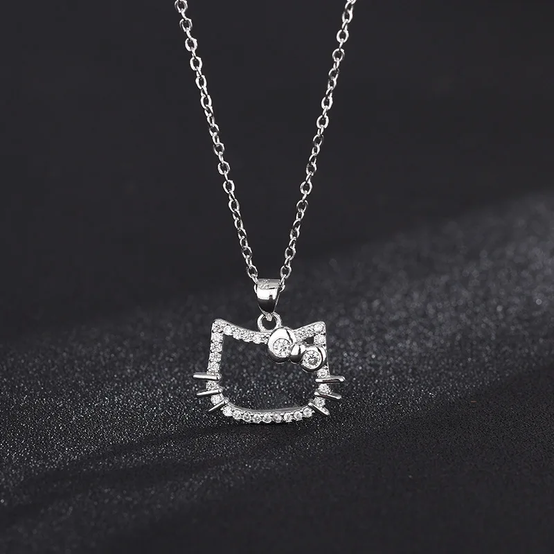 Fashion Hello Kitty Sanrio Chain Necklace  Lovely Cartoon Hollowed Lovely Kitty Crystal Women Accessories Cute Girl Heart Gift