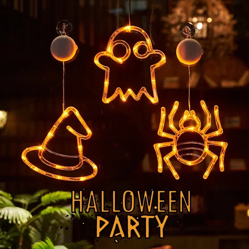 Decorazione a LED per Halloween Lampada a forma di zucca Ragno Pipistrello Fantasma Appeso Ventosa Decorazione per finestre in vetro per illuminazione natalizia per feste