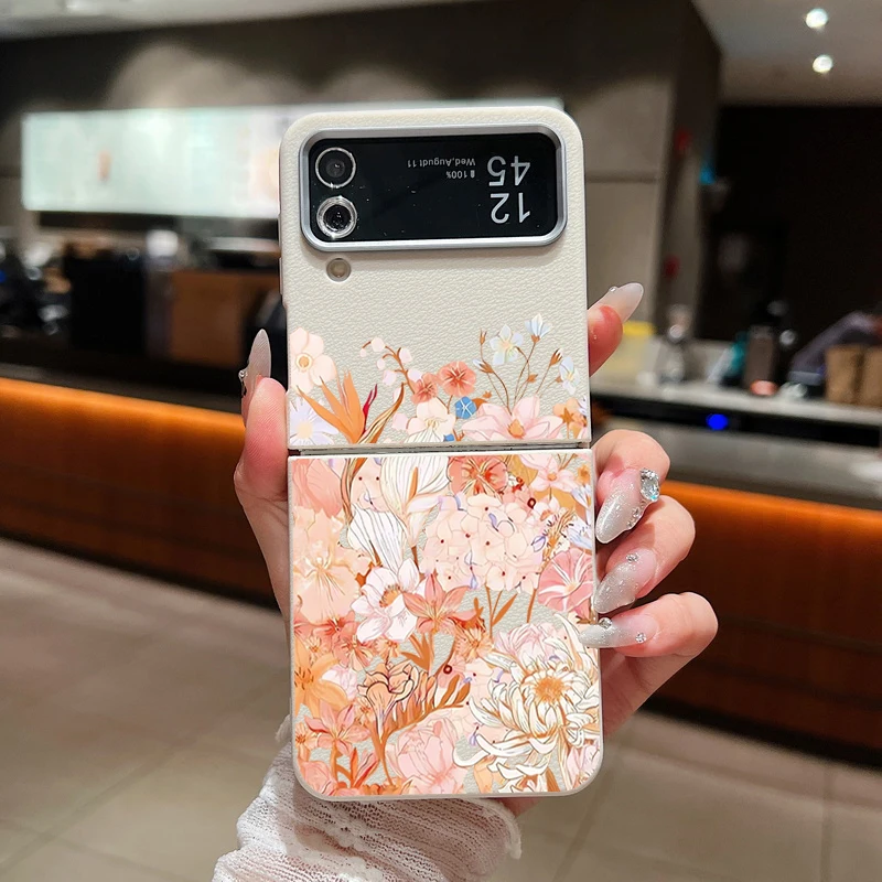 Leather Texture TPU Case For Samsung Galaxy Z Flip 7 FE 7 6 5 4 3 Flowers Floral Pattern Folding Phone Cover For Samsung Z Flip6