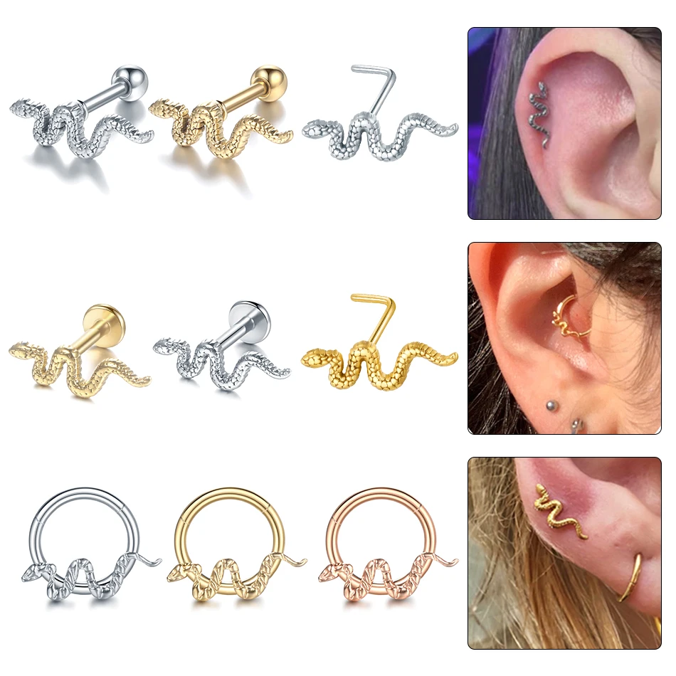 1/5PCS Surgical Steel Snake Nose Septum Hoop Piercing Nariz Cartilage Stud Earring Tragus Conch Rook Ear Piercings Women Jewelry