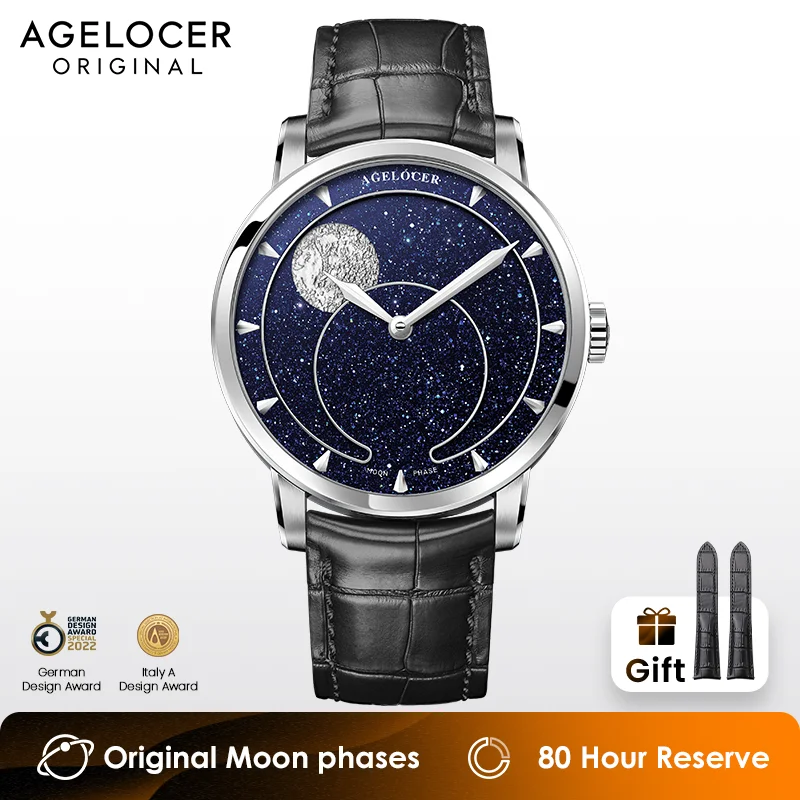 AGELOCER Original Astronomer Watch Blue Aventurine Dial Men\'s Luxury Automatic Mechanical Moon Phase Watch Birthday Gift for Men