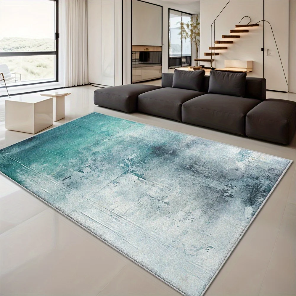 Teal Abstract Art Area Rug Chic Floor Carpet for Large Living Room Villa Loft Indoor Ornament for Christmas Holiday Luxury Home