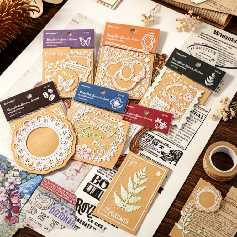 Floral‑Shadow Themed Vintage Dimensional Kraft Sticker Kit, Writable Paper Decals for DIY Journal Scrapbooking Art‑Craft Decor
