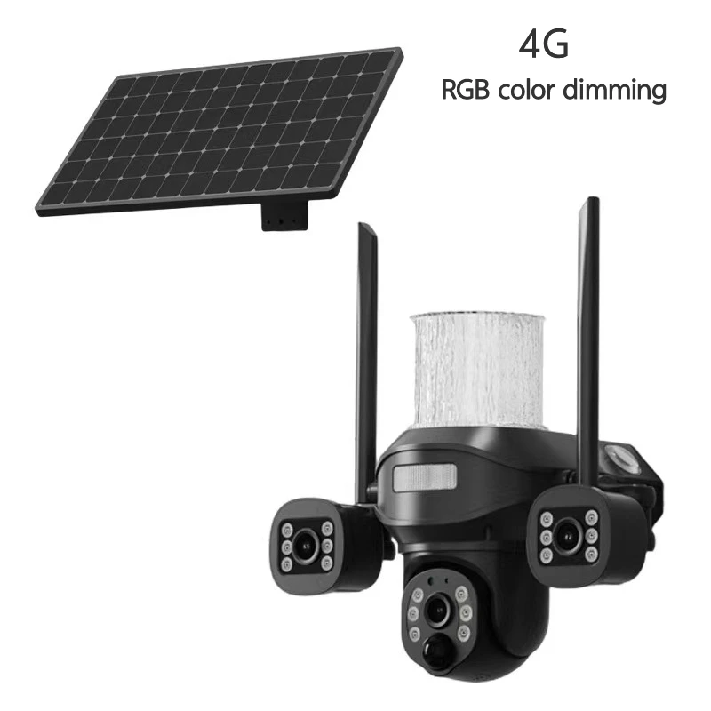 Solar powered 360° three lens security camera lamp, full color night vision wall lamp, waterproof wall lamp