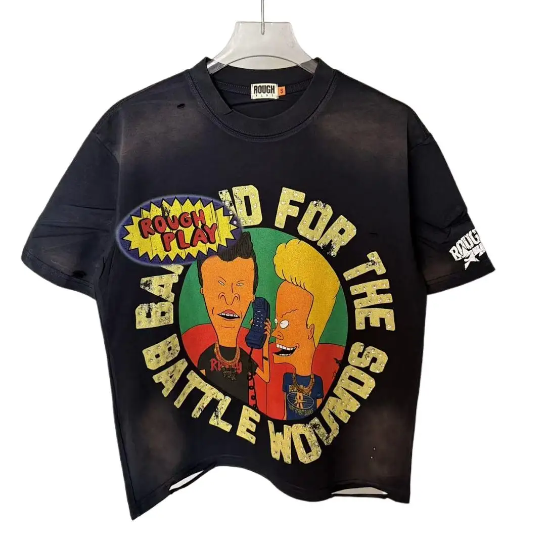 2026 Summer Style Rough Play US Anime Printed Women Men Washed T shirts tees Hiphop Oversized Men Ripped Cotton T shirt