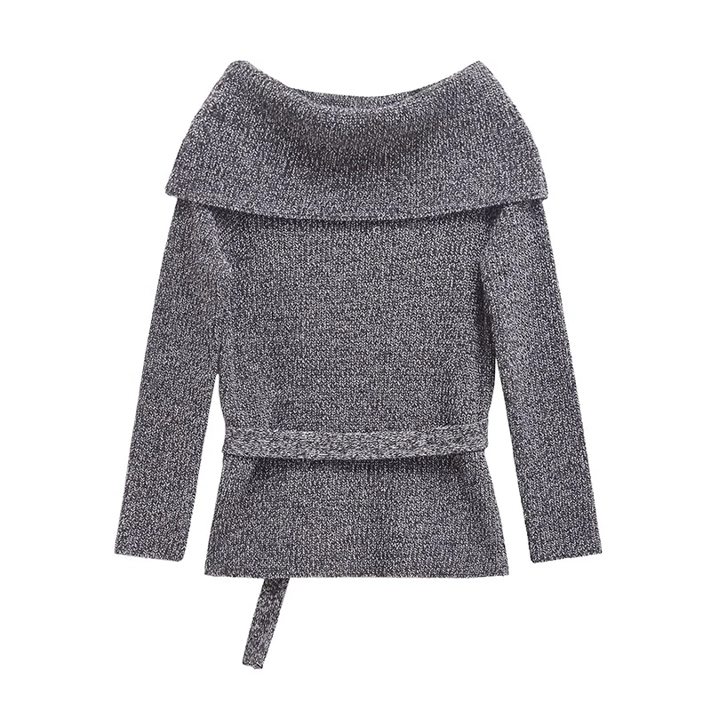 High Street Women Sexy Off Shoulder Knit Sweater Long Sleeve With Belt Slim Gray Pullover Female Autumn Winter Knitwear