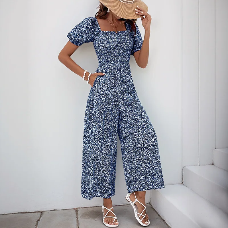 

Women Elegant Square Neck Short Sleeve Jumpsuit 2025 Casual Bubble Sleeve Loose Wide Leg Print Jumpsuits Daily Casual All-Match