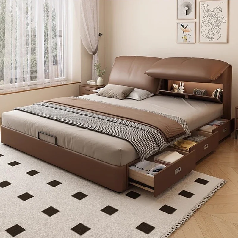 Nordic Solid Wood Storage Bed Modern Minimalist Leather Bed Drawers Luxury Large-Size Bedroom Furniture Camas Para Niñas