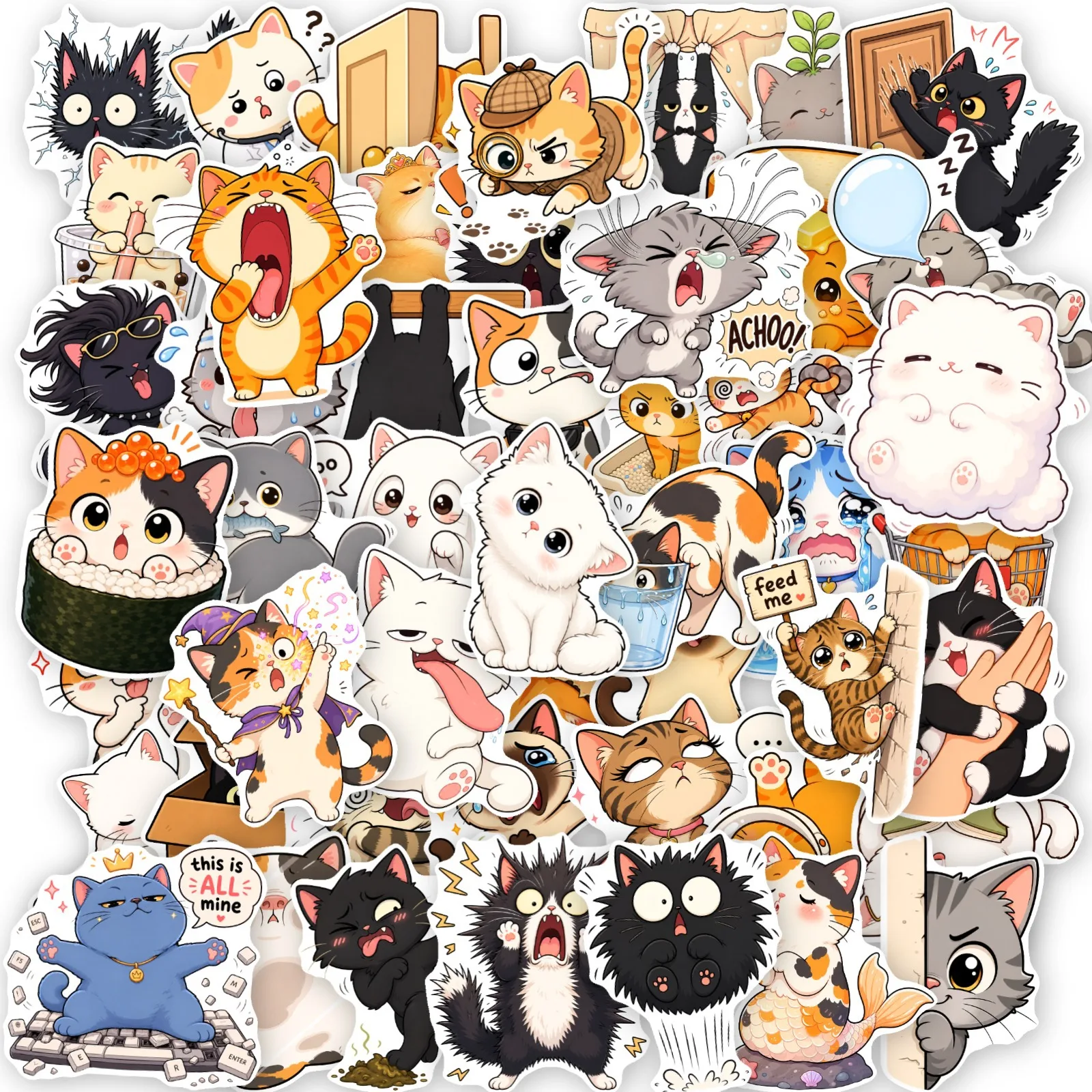 50 Pcs Funny Cat Stickers Cartoon Cute Mood Cat Waterproof Vinyl Decals for Journal Laptop Phone Notebook Gift