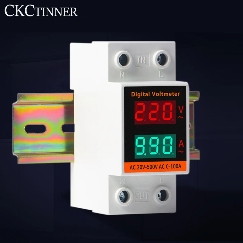 Din Rail LCD Dual Digital AC Voltmeter Ammeter  AC220V 380V Electricity Meter AC60-500V AC0.00-99.9A Amp Monitor