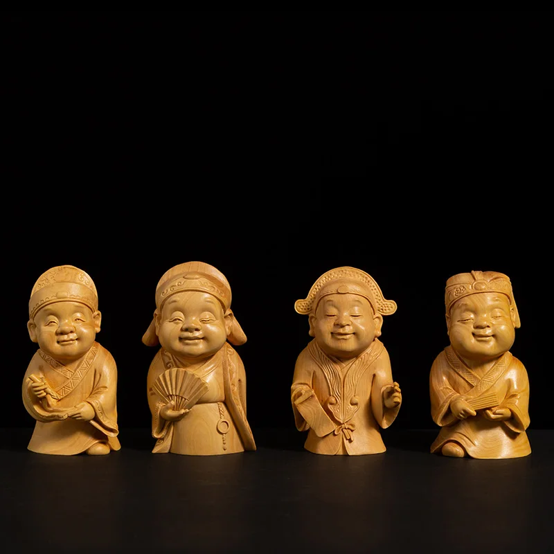 4PCS Boxwood 7.5cm Cartoon Chinese Traditional Figure Sculpture Four Talented People Wood Statue Home Decor