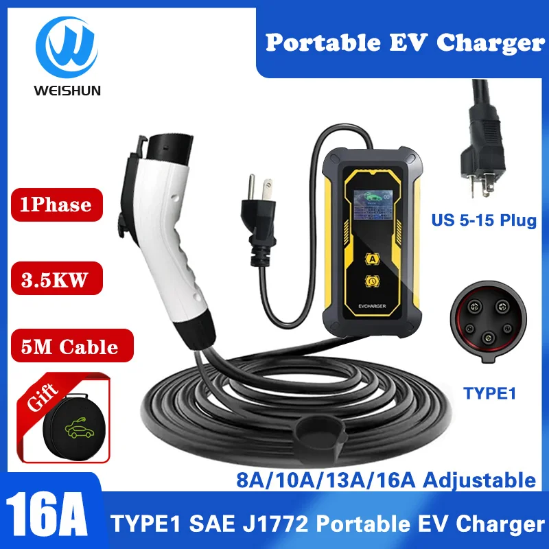 Portable EV Charger Wallbox Type1 Cable 16A 3.5KW With US 5-15 Plug EVSE Car Charging Box J1772 Adapter for Electric Vehicle