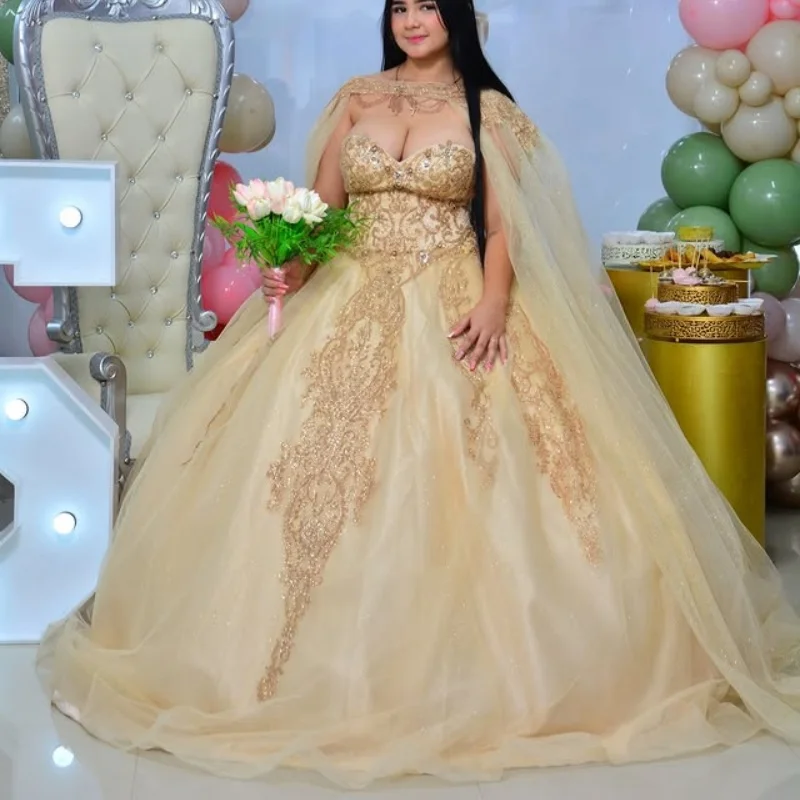 

Золотое платье Quinceanera с открытыми плечами и блестками, тюлевая наклейка, кружевное платье с кристаллами, платья de 15, Quinceanera ﻿ Индивидуальный