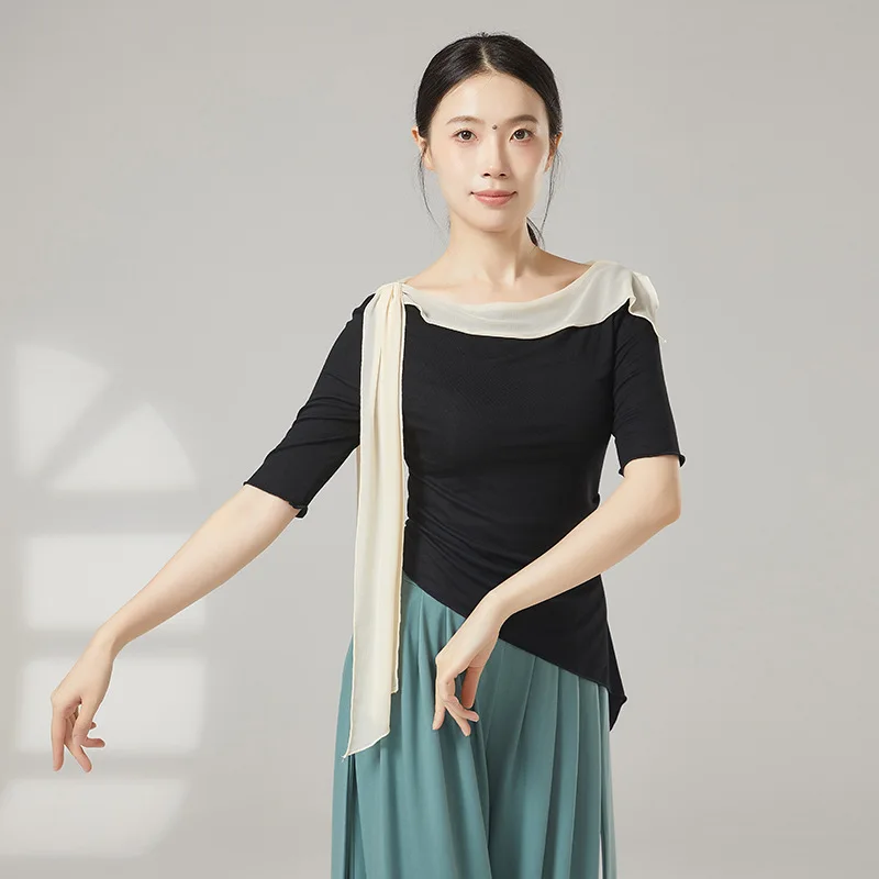 Women Classical Dance Top Short Sleeve Unique Collar Adult Modern Dance Top Chinese Folk Dance Casual Wear Daily Training Costum