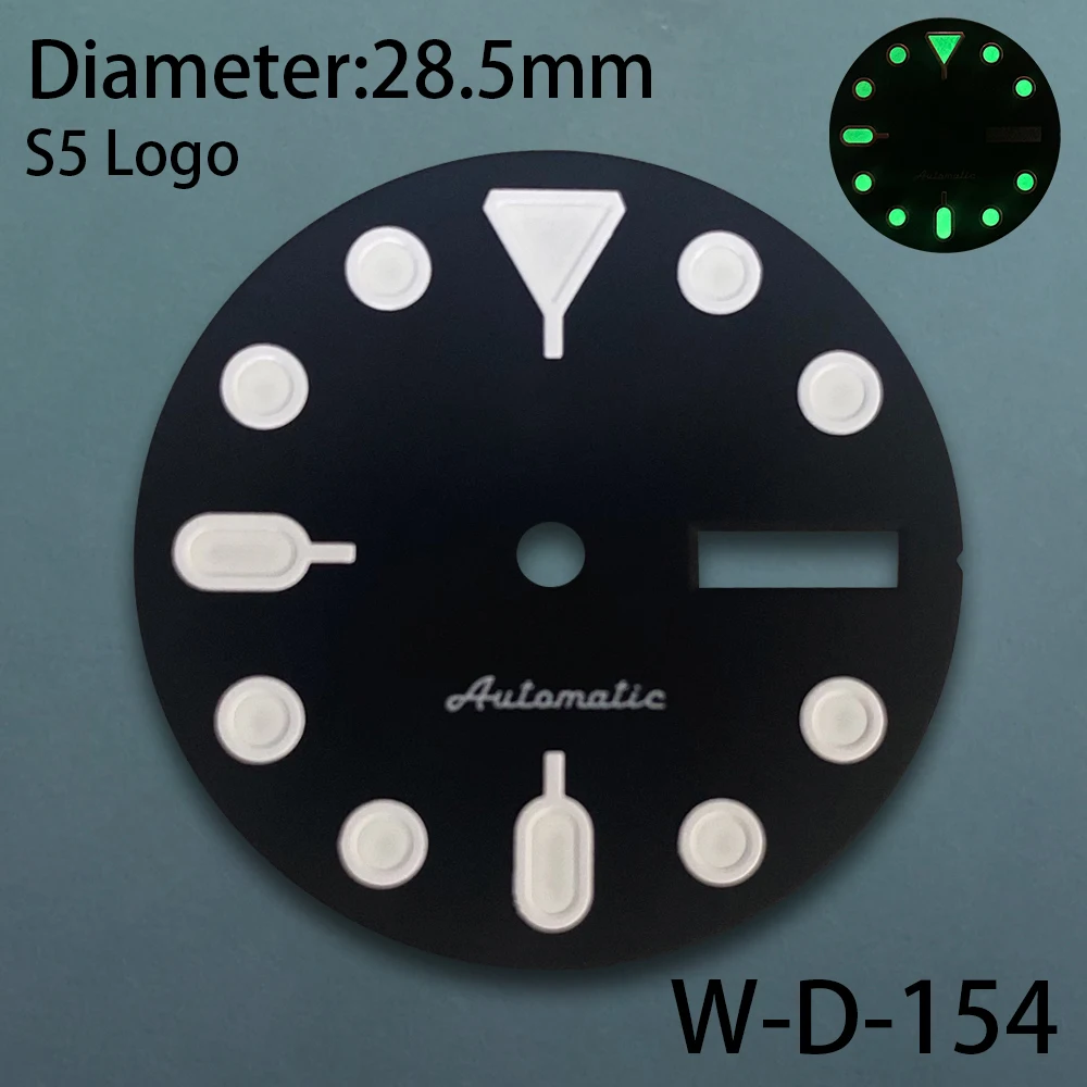 28.5mm S5 Logo SKX007 Dial Fit NH36/4R36 Movement Green Luminous Black Matte Dual Calendar Dial Watch Modification Accessories