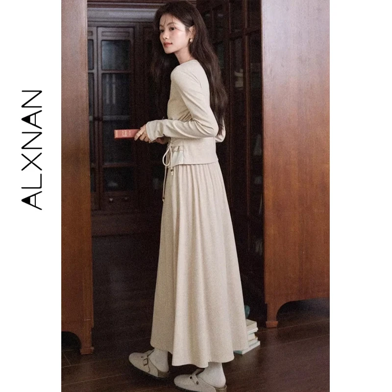 ALXNAN حجم كبير تنورة دقيق الشوفان عادية طويلة مرونة الخصر ألف خط التنانير 2025 الخريف أنيقة فضفاضة تناسب مكتب سيدة الملابس D12729