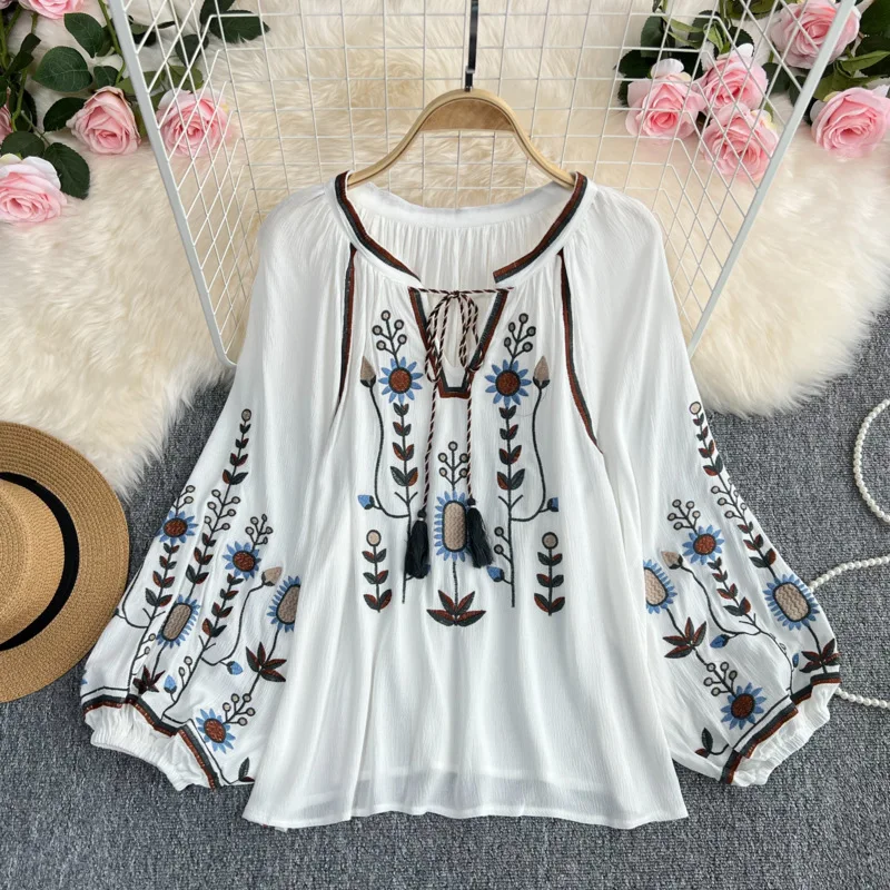 Women\'s Loose Casual Tie Front Round Neck Top Russian Embroidered Blouse Top Shirt Pullover 2024