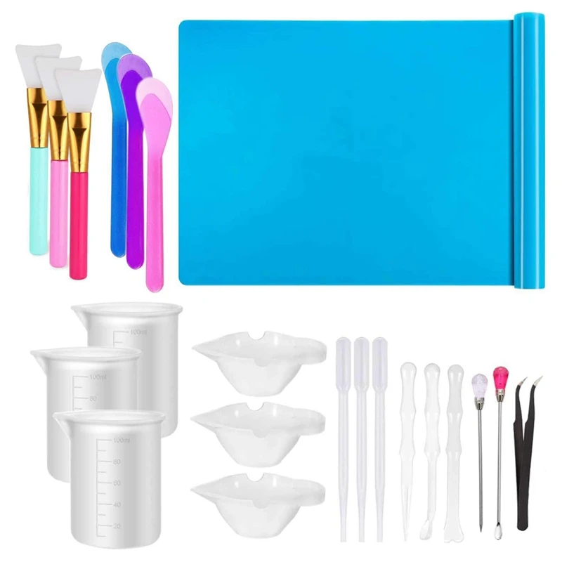 Resin Tools Set 22PCS, A3 Silicone Sheet, 100ML Measuring Cups, Silicone Mixing Cups, Silicone Brushes Stir Sticks, Easy To Use