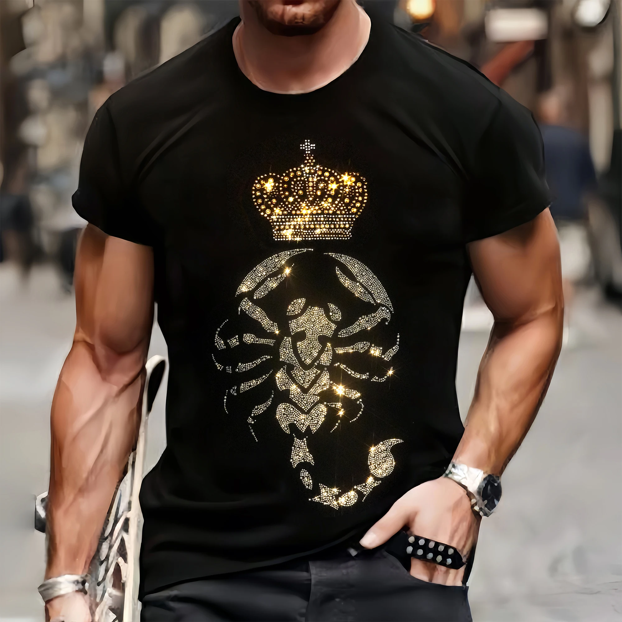 Luxury Men's Quality T-Shirts Casual Short Sleeve Clothing Tee Tops O-Neck Scorpio Rhinestone Party Tshirt Y2k Oversized S-3XL