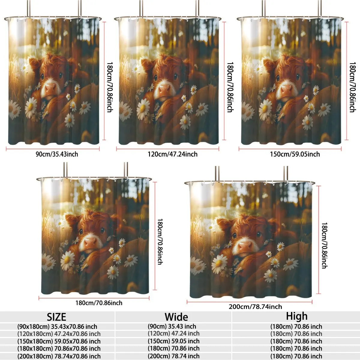 Warm Sunlight Meadow Highland Cow Shower Curtain Polyester Digital Printing Lovely Fluffy Baby Cattle Surrounded White Daisies