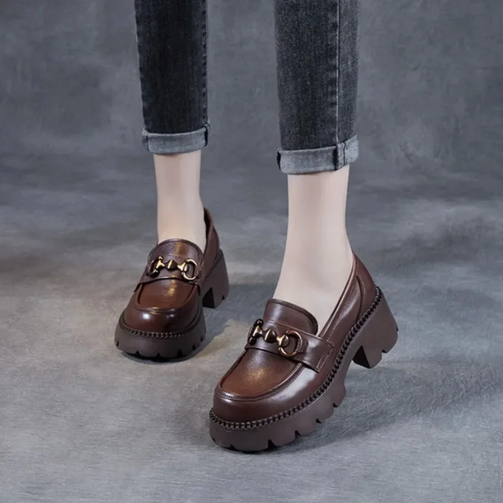 Platform Shoes Spring Summer Genuine Leather Loafers Women\'s Metal Buckle Single Shoes Elevated Thick Sole Small Leather Shoes