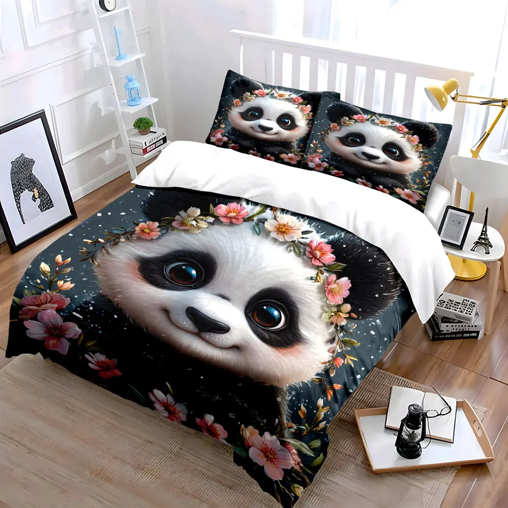 Panda Surrounded by Pink Blossoms Bedding Set for Kids Luxury Gift 3pcs Digital Print Comforter Set Soft Comfortable Breathable
