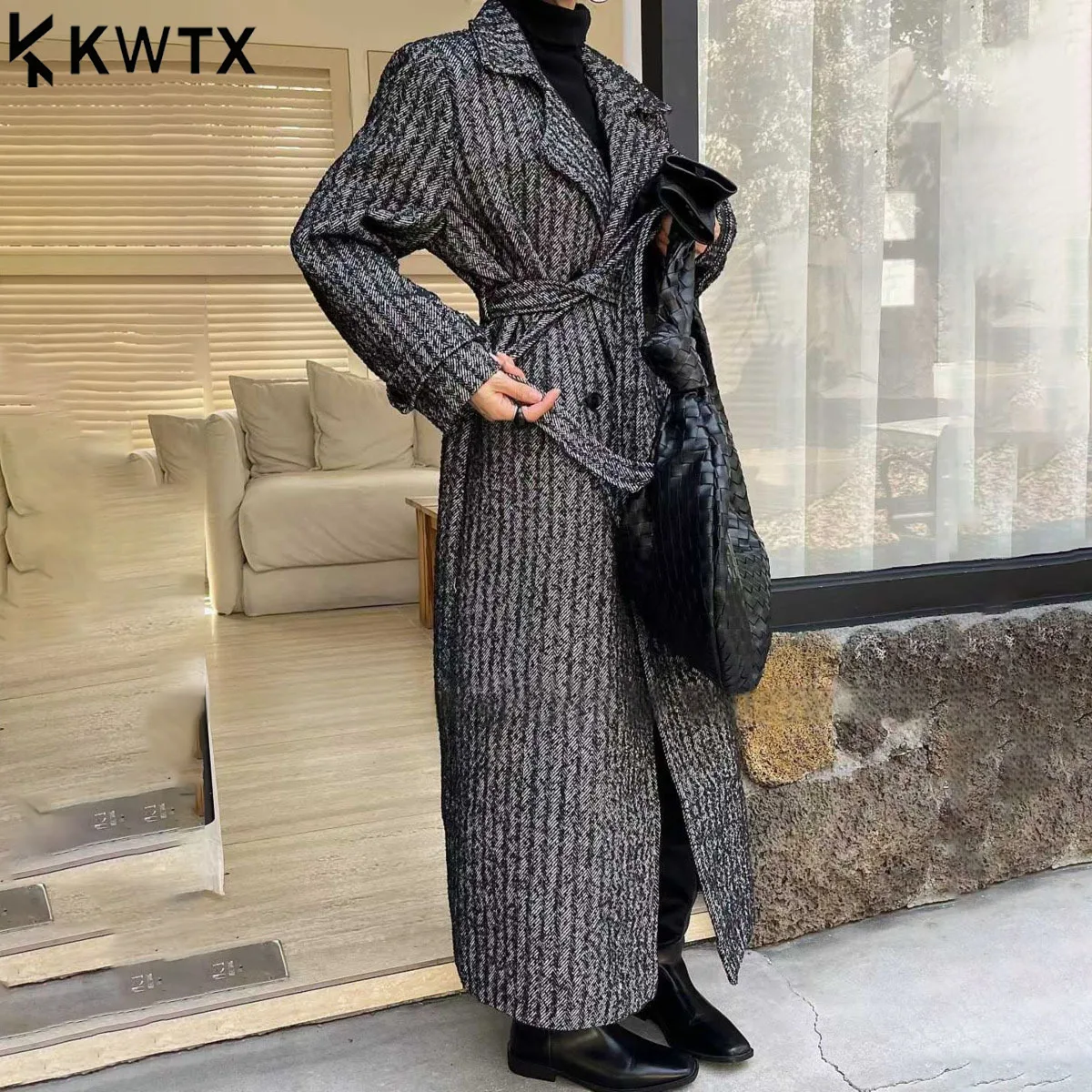 

KWTX женское новое шерстяное зимнее пальто 2025 года, двубортное пальто с поясом и принтом тай-дай, винтажное элегантное повседневное пальто премиум-класса с карманами