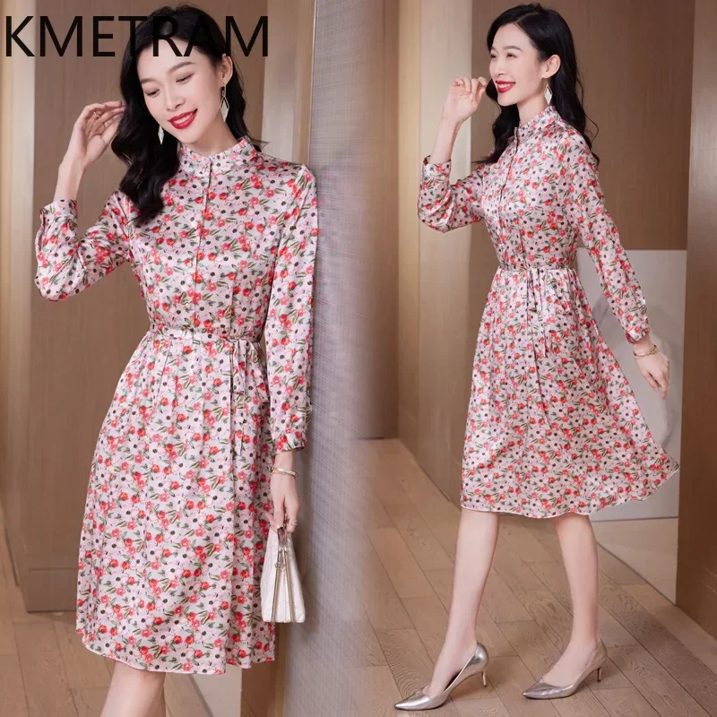 KMETRAM 91.2% Mulberry Silk Dress Women Elegant Party Midi Dresses Female Spring Summer Long Sleeve Dresses Women Clothing 원피스