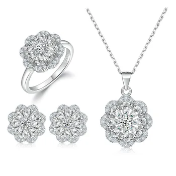 18K gold PT950 platinum S925 silver 7-layer electroplated gold flower ring ring earring necklace high-end set of three pieces