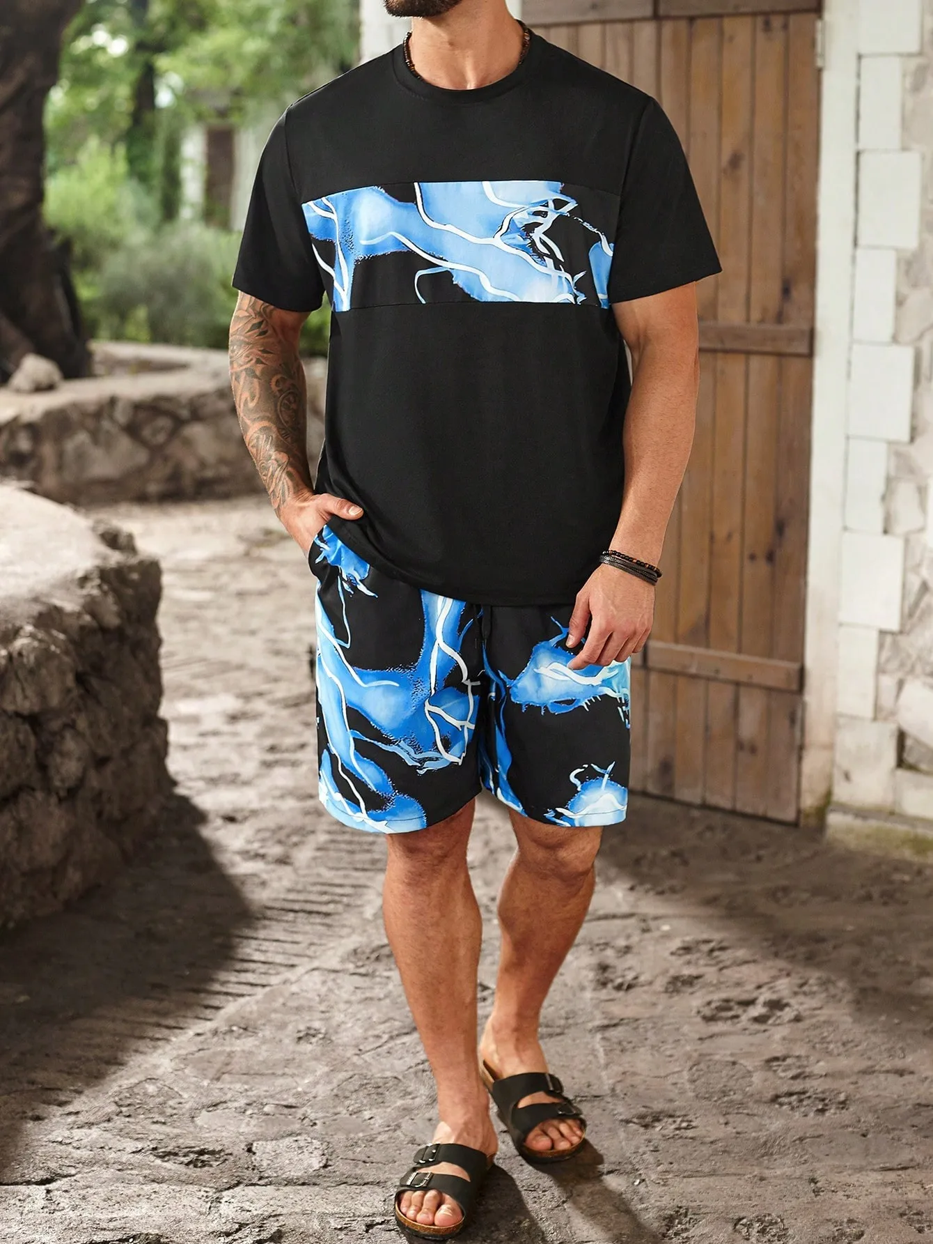 

2026 Summer New Men's Short-Sleeved Shorts Set with 3D Stripes Pattern Print - Street Casual Fashion Comfortable and Soft