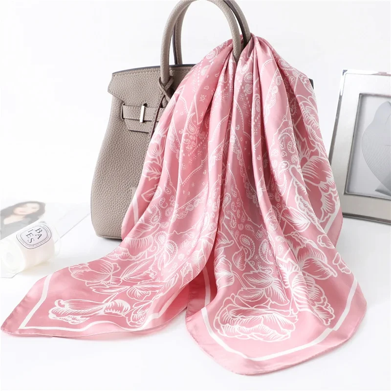 Luxury 2024 Floral Print Square Silk Scarf for Women Hijab Hair Bands 70cm Neckerchief Female Satin Shawl Ribbon Headband