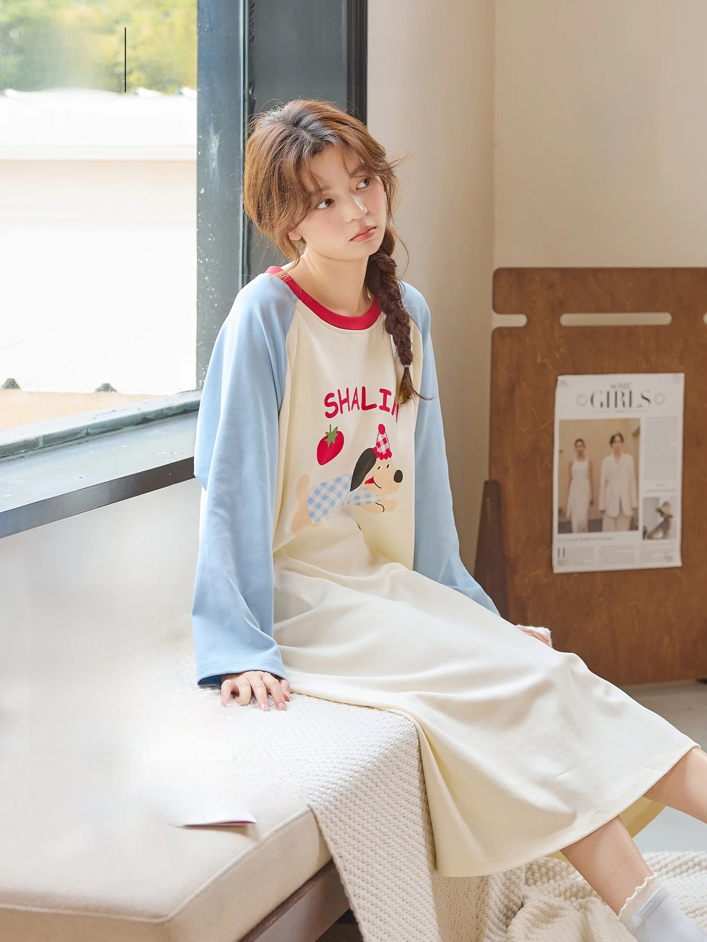 Pure Cotton  Lady Sleep Dress Mid-Length Overhead Cartoon Home Clothes Women's Style Comfortable Breathable Long Skirt