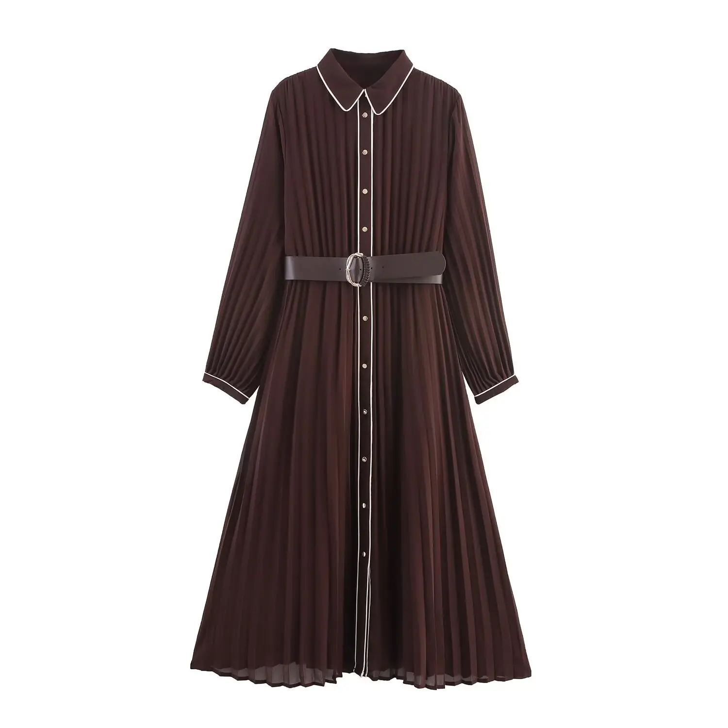 Brown Long Fashion Dress Lapel with Belt Slim A Line Skirt Single-button Cardigan Style Dress Long Sleeve Pleats Woman Clothing