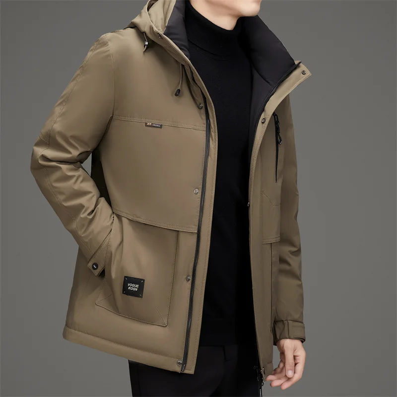 

2024 Winter Men White Down Puffer Parkas Black Khaki Coffee Thermal Outerwear Thick Windproof Hooded Basic Coat Warm Overcoat