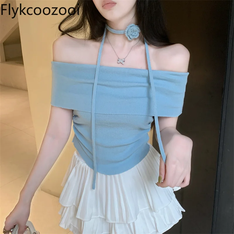 

One-line Shoulder French Flower Short-sleeved T-shirt Female Summer Sweet Spice Off-the-shoulder Halter Top Chic Beauty