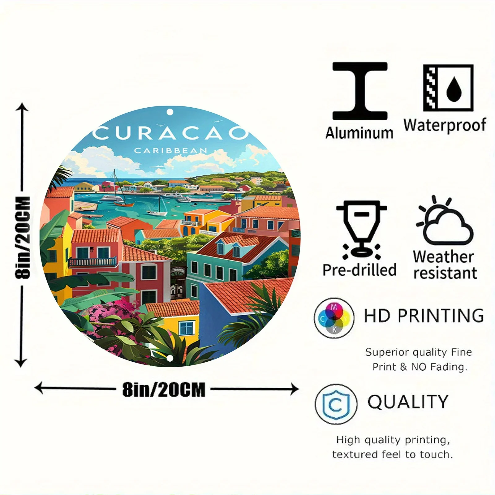 2D Flat, 1pc Curacao Caribbean 2D Printed Round Aluminum Metal Sign, 8x8 Inches 20x20cm, Vintage Engraved Painted Circular Wreat