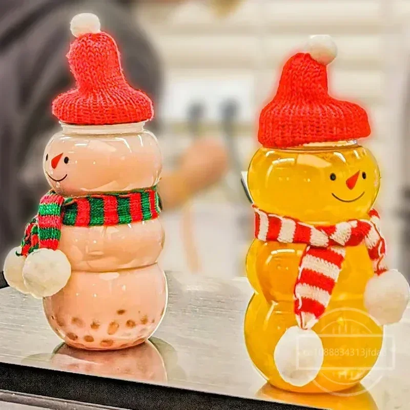 Christmas Snowman Shape Milk Bottles Clear Plastic Candy Biscuits Food Storage Container Juice Tea Jar Gift Box Xmas Party Favor