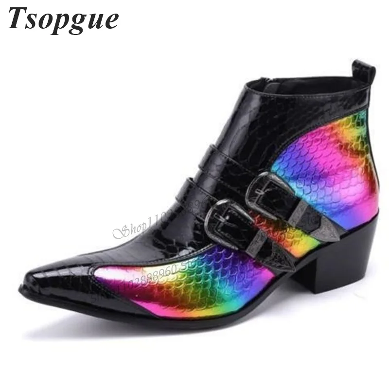 

Mixed Color Snake Skin Buckle Strap Men Shoes Men's Pumps Side Zipper Thick Heel Runway Casual Party Shoes 2023 Zapatillas Mujer