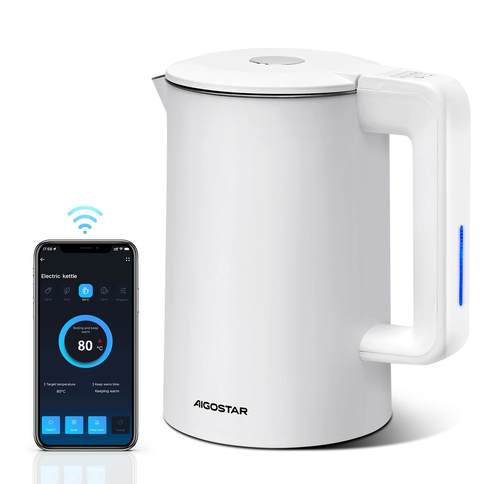 Aigostar Smart Wasserkocher mit Temperatureinstellung 40°C-100°C, WiFi Steuerung Kompatibel zu Alexa, 1,7 L Edelstahl Doppelwand Cool Touch, Leise & Kabellos, Warmhaltefunktion, Weiß