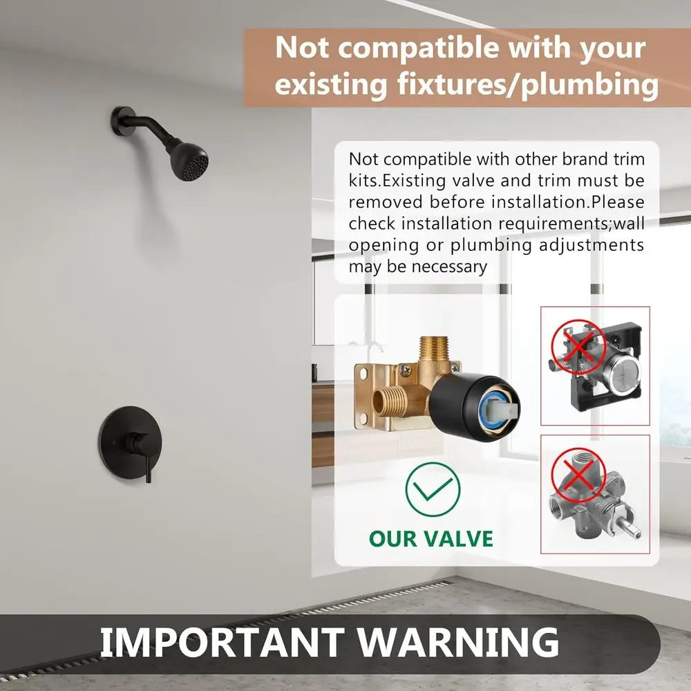 Système de douche noir mat à poignée unique avec valve rugueuse et kit de garniture