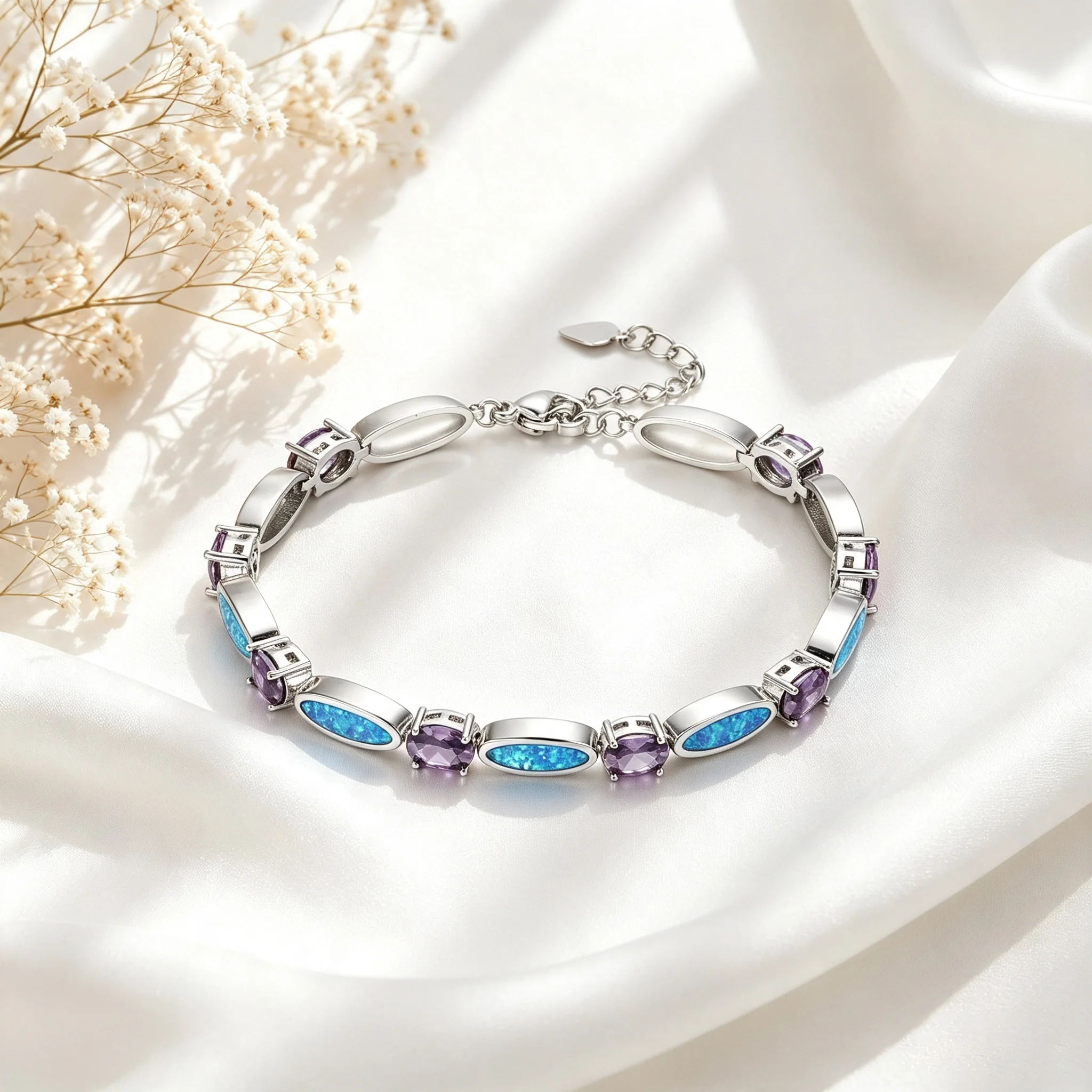 Alternating Oval Opal Link Bracelet Color Contrast Elegant Hand Chain Adjustable Tail Chain Jewelry for Daily Party Birthday