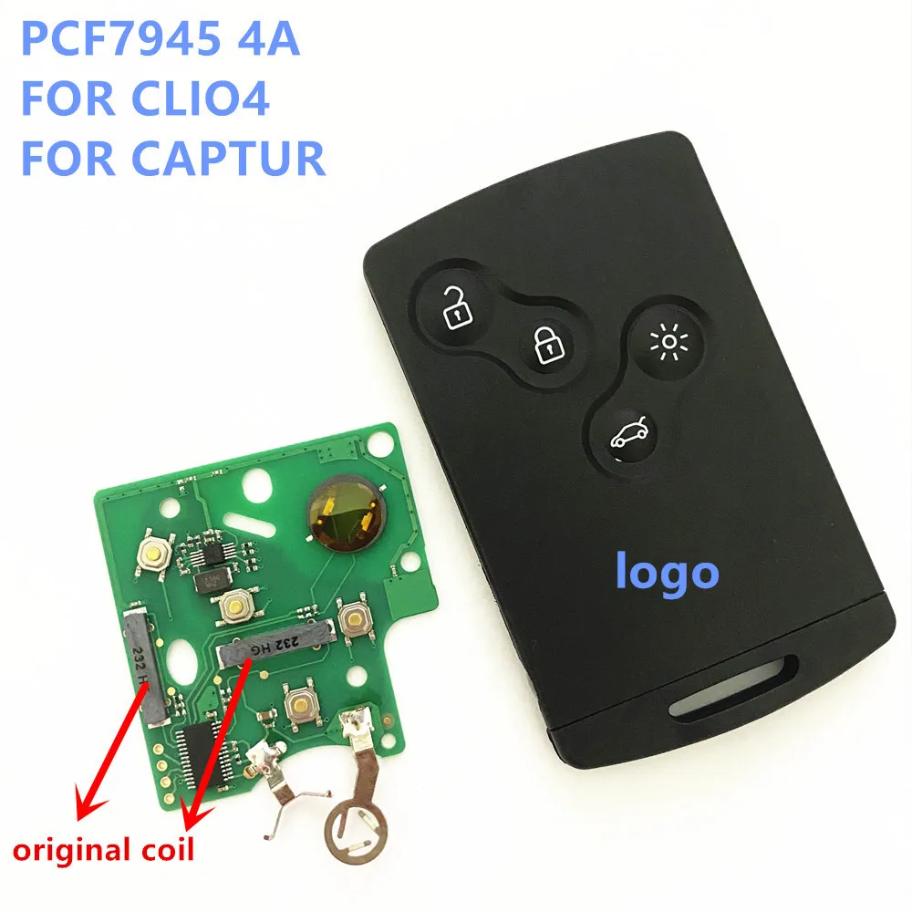 Con adesivo PCB 4 pulsanti remote key card keyless smart key 433mhz 4A PCF7945 chip 7945 per renault CLIO4 CAPTUR