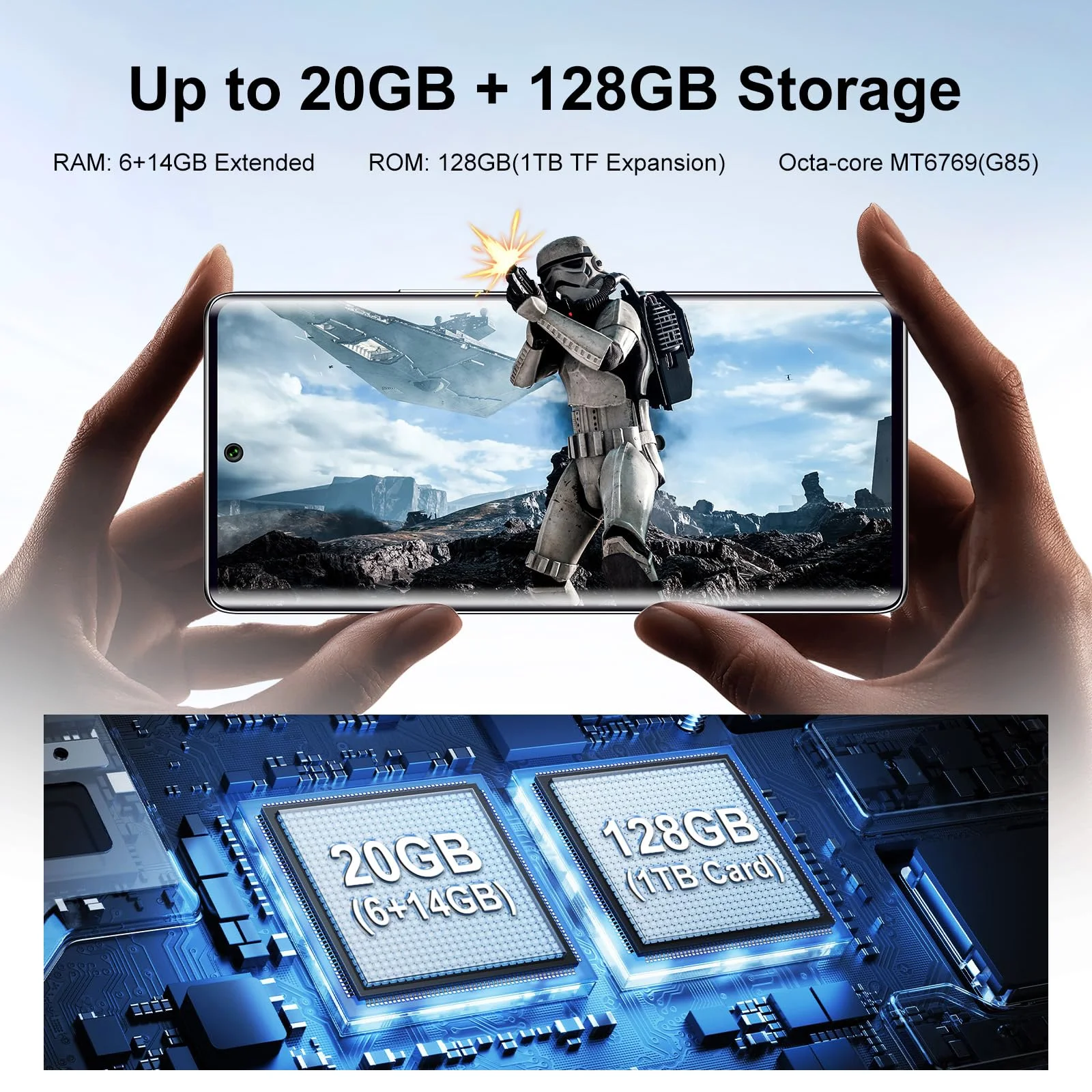 هاتف ذكي FOSSiBOT S3Pro، Helio G85 20 جيجابايت + 128 جيجابايت | هاتف محمول غير مقفول بنظام Android14 سعة 1 تيرابايت، وهواتف محمولة بشاشة مزدوجة، وبطارية 5000 مللي أمبير في الساعة