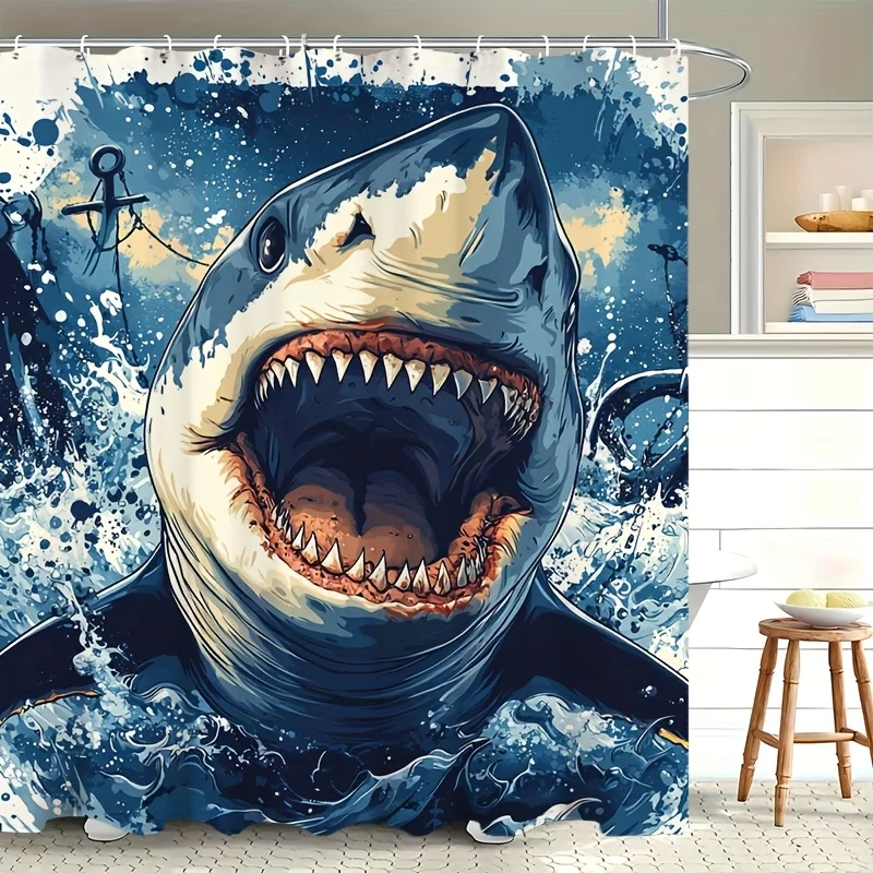 巨大なサメのイラストシャワーカーテン防水バス装飾海洋生物アートプリント180x180cm航海海の生き物バスルームアクセサリー
