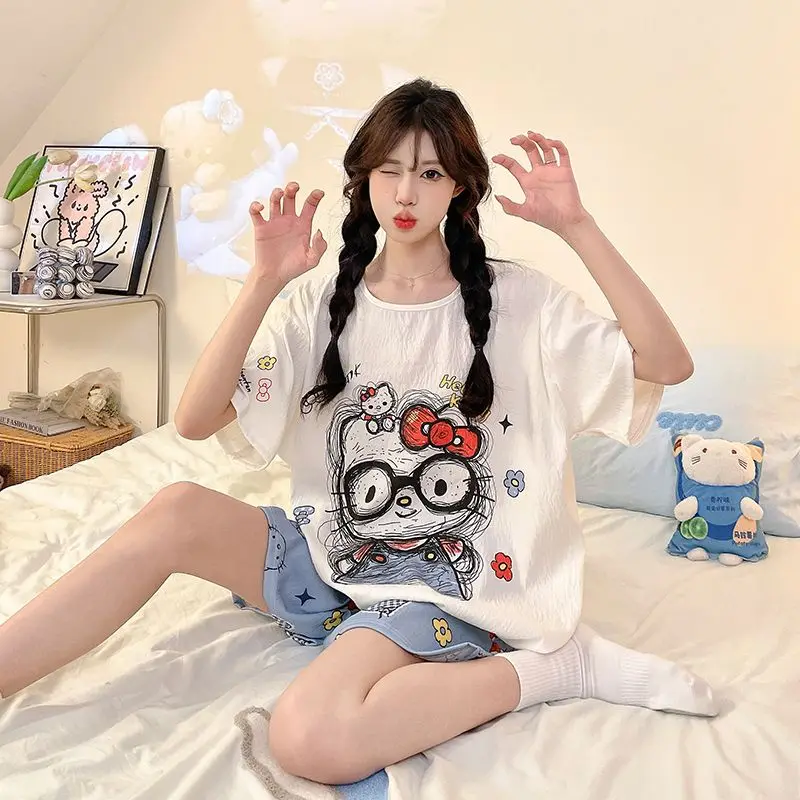 

Hello Kitty Women's Summer Cloud Cotton Pajama Set Short Sleeve Shorts Cute Front Back Cartoon Print Comfy Home Loungewear