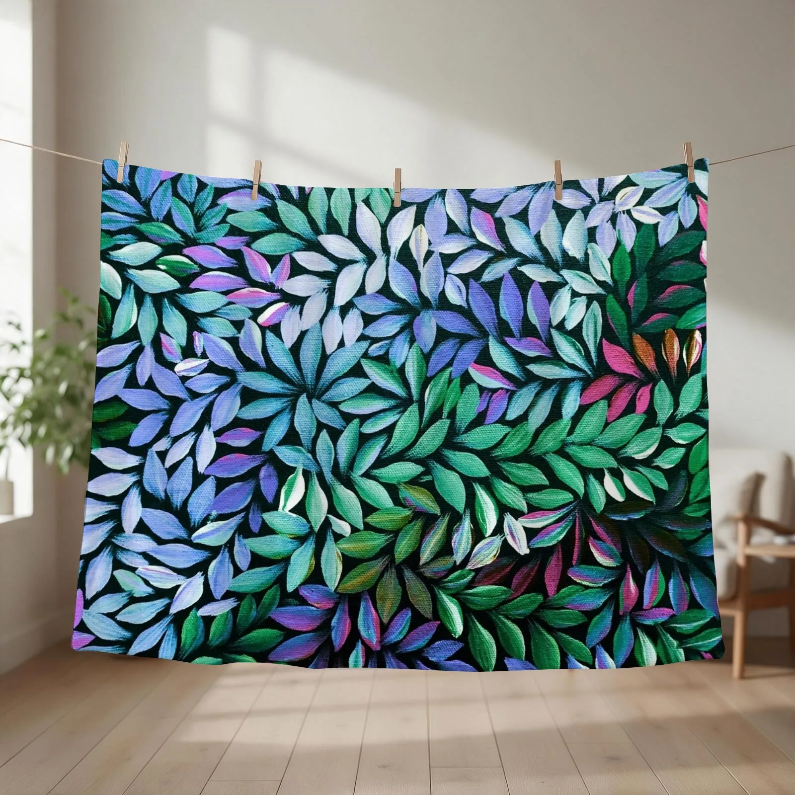Australian Aboriginal Art Medical Leaves Pink Purple Turquoise Throw Blanket couch cozy soft plush fuzzy picnic outdoor blanket
